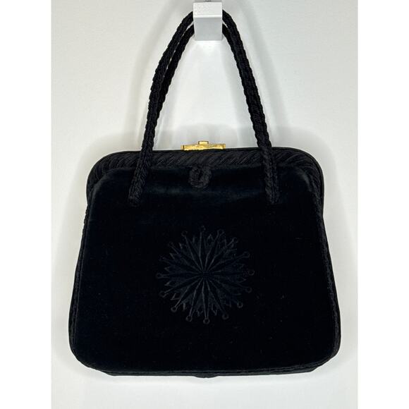 OOAK 1950s Black Velvet Evening Bag w/ Starburst Embossed brass lock top handle - Picture 1 of 16